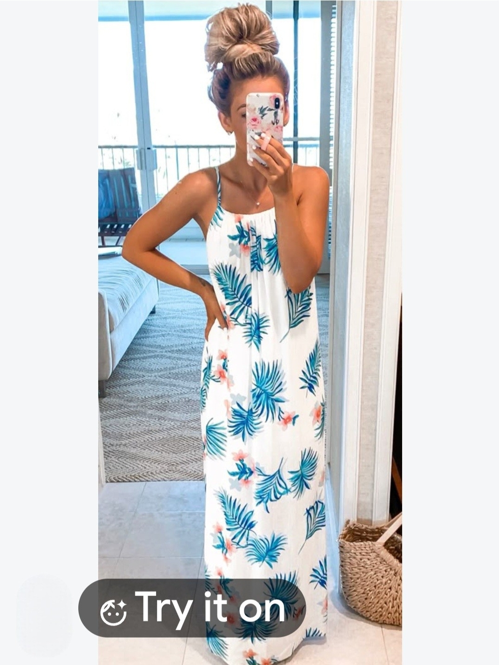 Floral Maxi Dress L Blue Tropical Palm Leaf Sleeveless Summer Beach Vacation